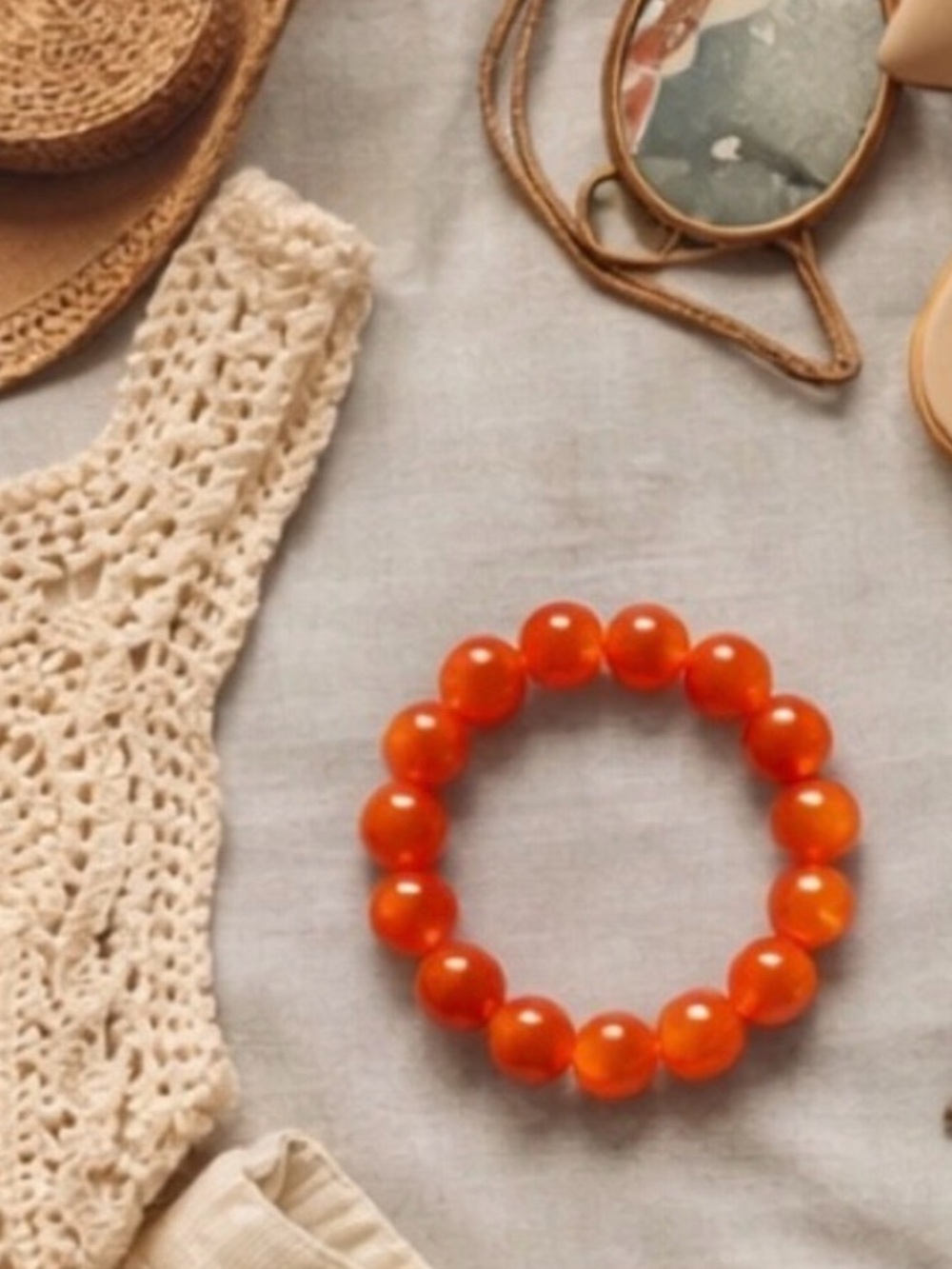 Artisan Vintage Style Carnelian Polished Orange Stone Stretch Bead Bracelet